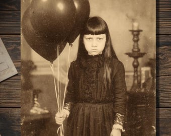 Vintage Victorian Girl with Black Balloons Birthday Card Gothic Macabre Art Antique Photography Blank Inside