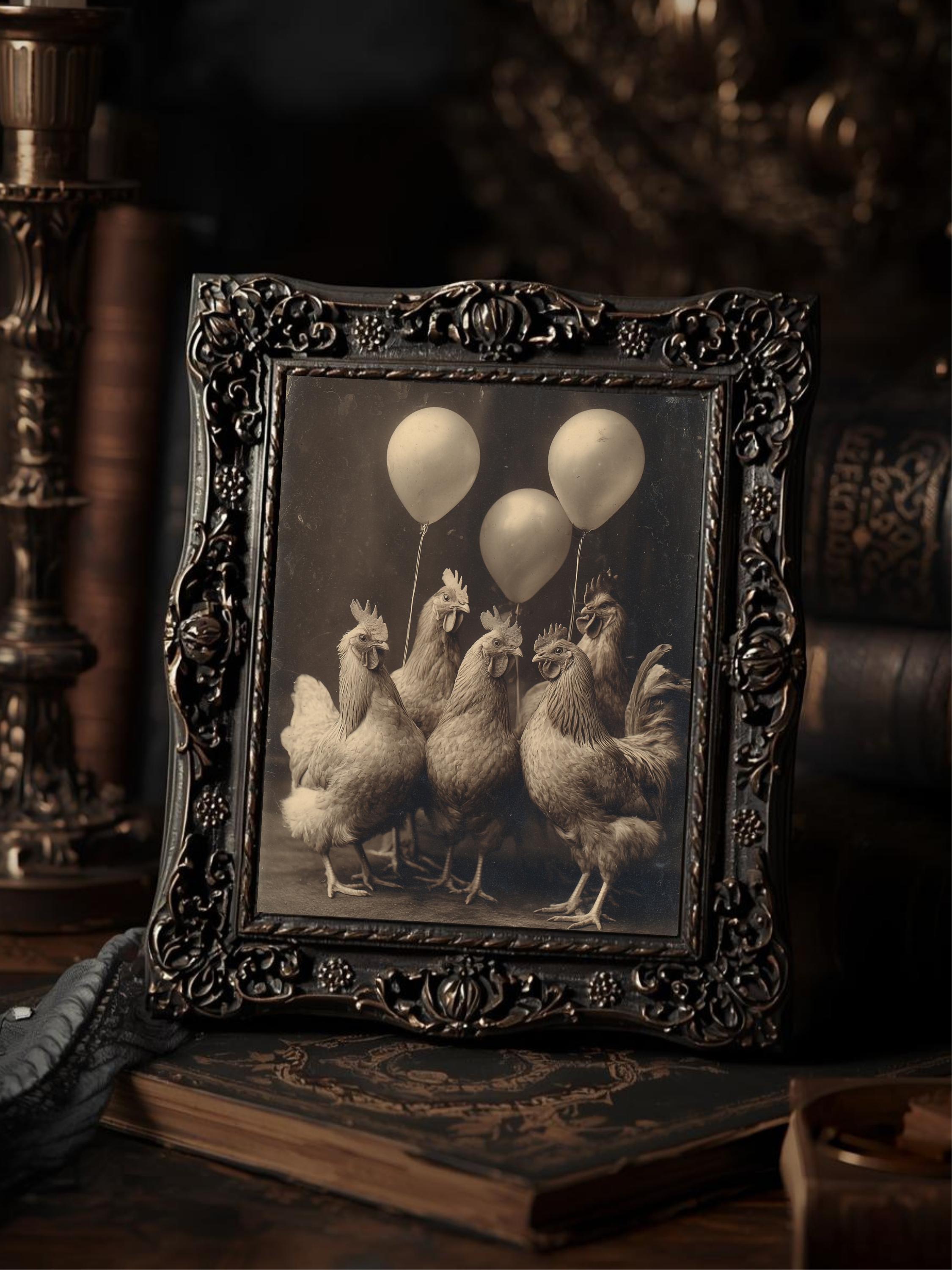 Victorian Gothic Chickens Balloons Birthday Wall Print Dark Antique Farm Humor