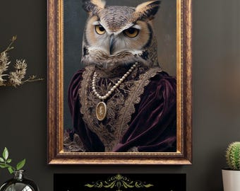 Victorian Lady Owl Portrait Elegant Bird Art Vintage Anthropomorphic Fine Art Oil Style Print