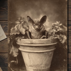 May include: Sepia-toned photograph of a bat in a terracotta flower pot, surrounded by foliage. The bat has large ears and is facing the viewer. The image has a vintage aesthetic, with a focus on the bat's features and the texture of the pot.