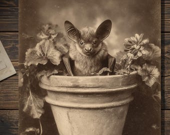 Victorian Bat In Flower Pot Greeting Card Antique Style Sepia Gothic Bat Card