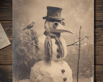 Vintage Victorian Plague Doctor Snowman Christmas Card Gothic Holiday Art Antique Style Photography Blank Inside