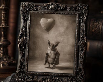 Gothic Bat With Heart Balloon Dark Cute Valentine  Art Print Sepia Vintage Macabre Romantic Wall Decor