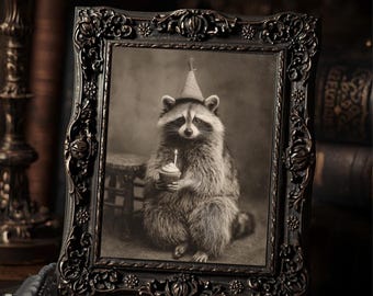 Raccoon With Birthday Cupcake Antique Style Animal Art Print Funny Vintage Woodland Wall Print