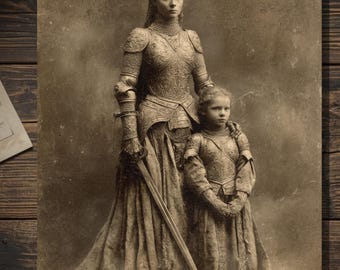 Vintage Victorian Warrior Mother Child Mothers Day Card Gothic Antique Style Photography Blank Inside