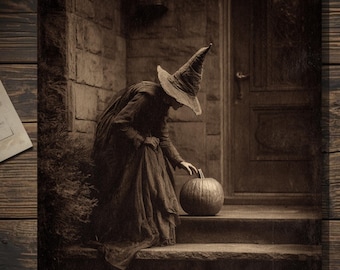 Witch With Pumpkin Gothic Halloween Greeting Card Vintage Sepia Photograph Spooky Autumn Stationery Blank Inside