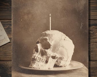 Vintage Victorian Skull Birthday Card Gothic Dark Humor Antique Style Photography Blank Inside