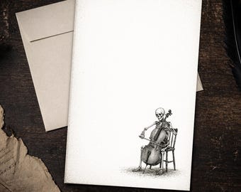 Gothic Skeleton Music Stationery Set 5.5 x 8.5 Letter Writing Paper Victorian Cello Notes with Envelopes