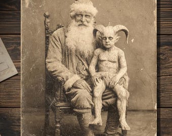 Vintage Victorian Santa with Horned Demon Child Christmas Card Gothic Holiday Art Antique Style Photography Blank Inside