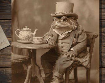 Victorian Toad Drinking Tea Gothic Animal Blank Greeting Card Formal Frog Weird Humor