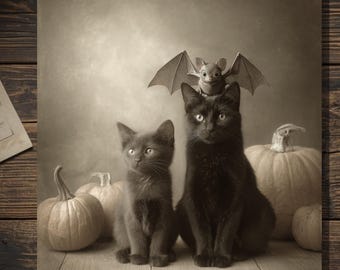 Vintage Victorian Bat on Cat Halloween Card Gothic Antique Style Photography Blank Inside