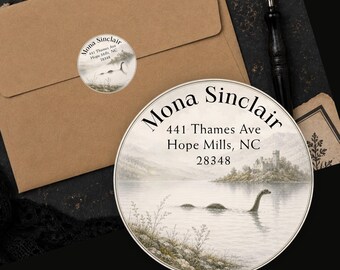 Personalized Loch Ness Monster Return Address Labels Vintage Nessie Scottish Cryptid Custom Round Stickers