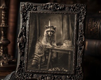 Vintage Angry Raccoon With Cake Print Gothic Animal Dark Humor Wall Art