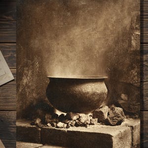 Vintage Witch Cauldron Gothic Sepia Creepy Rustic Pot Over Fire Art Greeting Card Blank Inside
