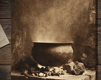 Vintage Witch Cauldron Gothic Sepia Creepy Rustic Pot Over Fire Art Greeting Card Blank Inside
