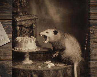 Vintage Victorian Opossum Birthday Card Gothic Animal Humor Antique Style Photography Blank Inside