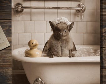 Bat Taking A Bubble Bath Victorian Vintage Style Cute Brown Bat Gothic Funny Greeting Card 5x7