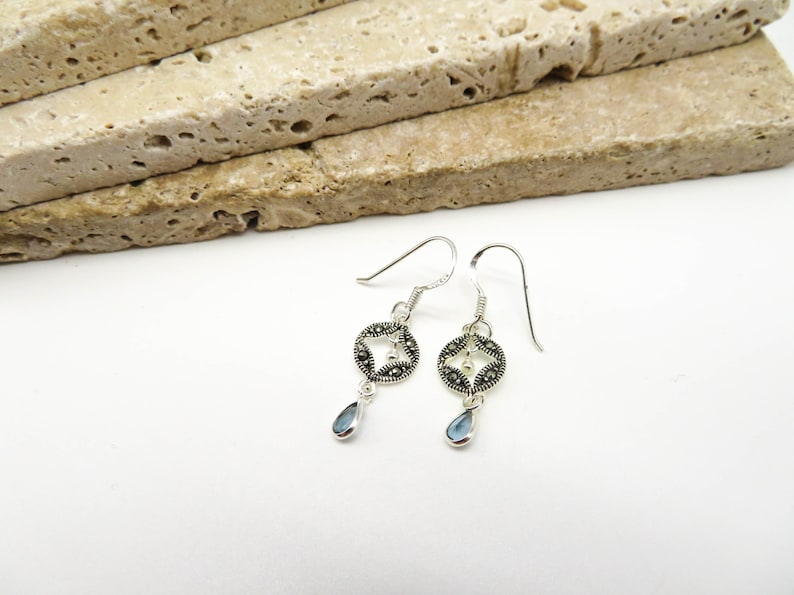Retro 925 Sterling Silver Marcasite Crystal Small Dangle Earrings RR56
