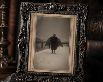 Vintage Victorian Mothman Christmas Gothic Cryptid Winter Snow Bridge Antique Style Wall Art  Print