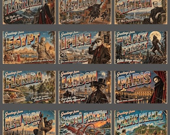 Classic Monsters Gothic Horror Postcard Set of 12 Vintage Halloween Dracula Frankenstein Retro Travel Cards