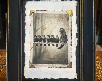 Gothic Victorian Cat with Birds Framed Art Dark Whimsical Animal Decor
