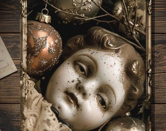 Vintage Victorian Porcelain Doll Head Ornament Christmas Card Gothic Holiday Art Antique Style Photography Blank Inside