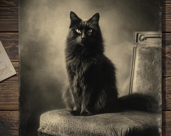 Vintage Victorian Black Cat Portrait Halloween Card Gothic Witchy Spooky Antique Style Photography Blank Inside