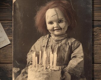 Vintage Victorian Creepy Doll Birthday Card Gothic Macabre Horror Antique Style Photography Blank Inside