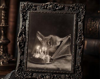 Vintage Victorian Bat Blowing Out Candles Birthday Gothic Antique Style Photo Art Print