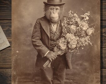 Vintage Chimpanzee Monkey Valentine Card Victorian Heart Love Greeting Card