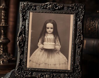Vintage Victorian Creepy Doll With Birthday Cake Gothic Dark Horror  Art Print Antique Style Macabre Wall Decor