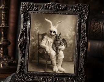 Vintage Victorian Easter Bunny With Demon Child Gothic Wall Print Antique Style Art