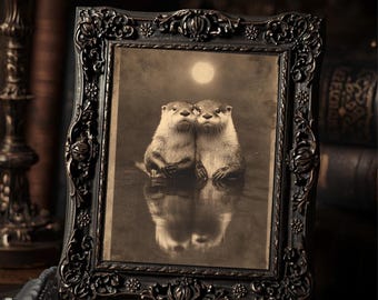 Vintage Victorian Otter Couple Print Gothic Animal Wall Art Antique Style Photography Dark Whimsical Decor