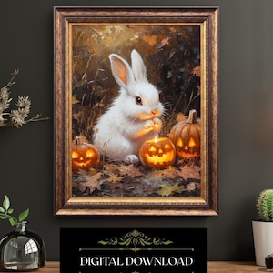 Halloween Bunny Wall Art Digital Download Cute Rabbit With Pumpkins Printable Autumn Jack O Lantern Decor Whimsical Fall Animal Art Print