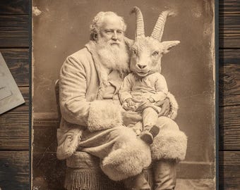 Vintage Victorian Santa with Creepy Goat-Head Child Christmas Card Gothic Holiday Art Antique Style Photography Blank Inside