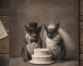 Vintage Victorian Bat Wedding Greeting Card Gothic Animal Love Antique Style Photography Blank Inside