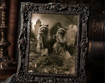 Vintage Victorian Raccoon Grave Diggers Halloween Art Print Spooky Cemetery Gothic Antique Style Photography