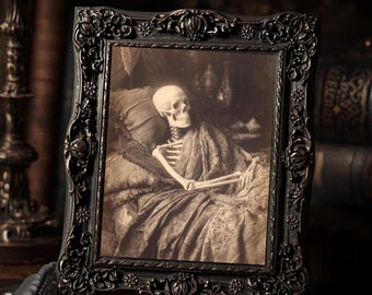 Resting Skeleton In Bed Gothic Art Print  Vintage Style Macabre Dark Victorian Bedroom Wall Decor