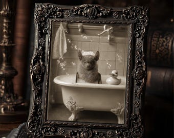 Bat Bubble Bath Victorian Cabinet Card Style Cute Brown Bat Gothic Funny Wall Print