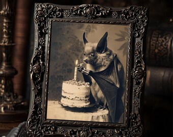 Gothic Birthday Bat Eating Cake Dark Cute  Art Print Sepia Vintage Macabre Funny Wall Decor