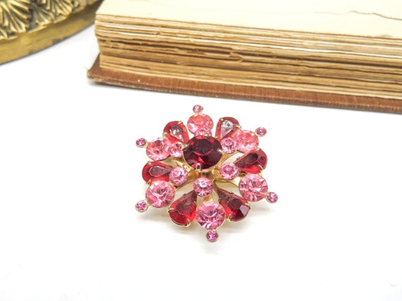 Vintage Signed Coro Pink Red Rhinestone Flower Br… - image 1
