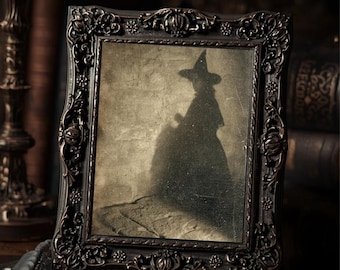Witch Shadow On Wall Gothic Halloween Wall Art Print  Sepia Vintage Creepy Witch Silhouette Spooky Haunted Decor