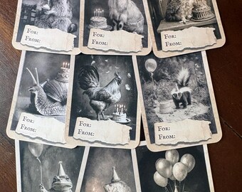 Vintage Victorian Animal Birthday Gift Tags Set of 9 Gothic Party Tags Creepy Cute Birthday Wrapping