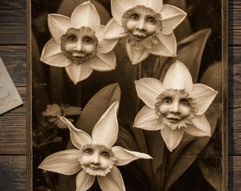 Vintage Victorian Daffodil Faces Card Gothic Surreal Art Antique Style Photography Blank Inside