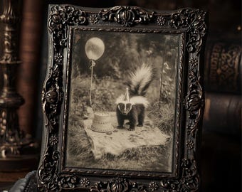Victorian Skunk with Birthday Cake Print Gothic Party Animal Vintage Dark Humor Wall Art