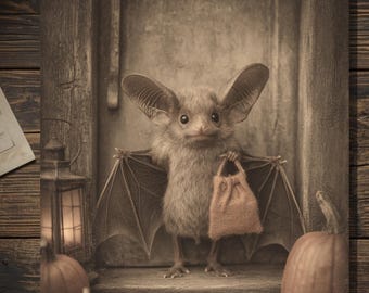 Vintage Victorian Bat Trick or Treat Halloween Card Gothic Antique Style Photography Blank Inside