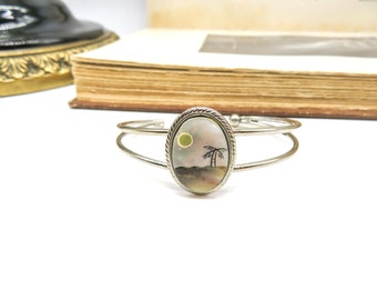 Vintage Silver Tone Mother Of Pearl Abalone Sunset Beach Scene Cuff Bracelet S18