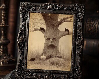 Vintage Victorian Halloween Print Haunted Tree With Black Cats Pumpkin Gothic Antique Style Photography Wall Art