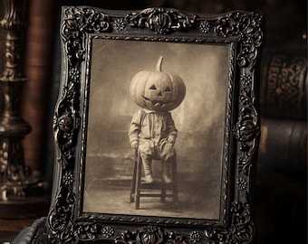 Vintage Pumpkin Head Child Portrait Print Creepy Halloween Wall Art Antique Jack O Lantern