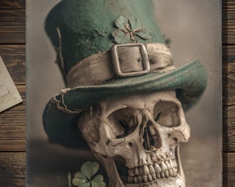 Vintage Gothic St Patrick’s Day Skull Greeting Card Victorian Style Leprechaun Hat Dark Art Blank Inside